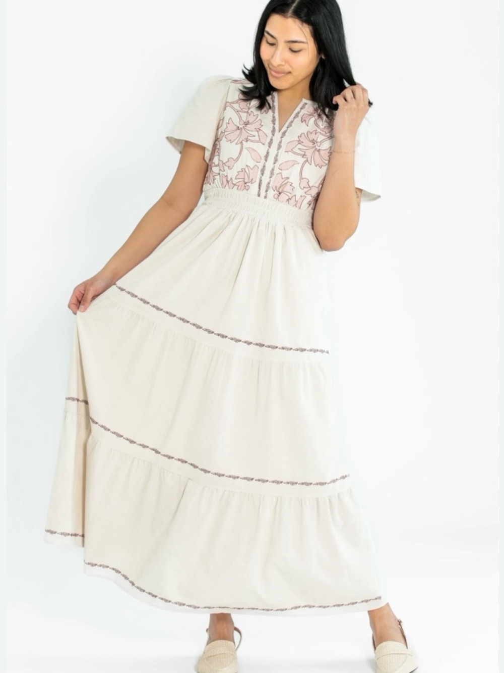 Polagram Cream Maxi Dress with‎ Pink Floral Embroidery